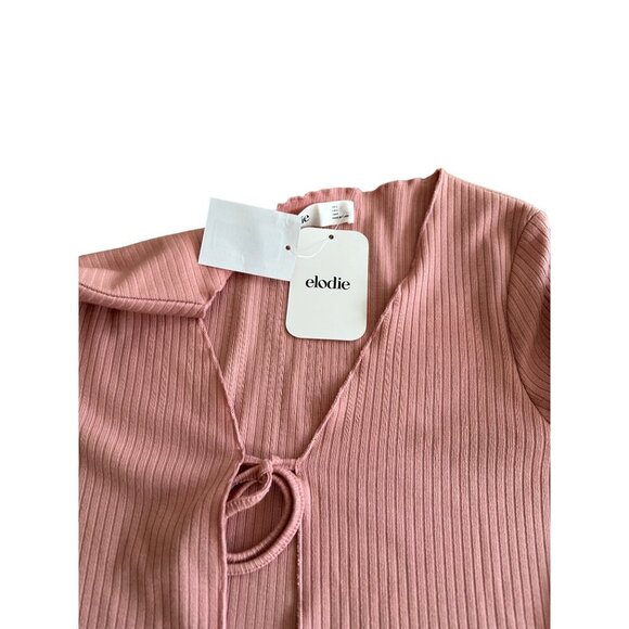 Elodie Pink Ribbed Long Sleeve Tie-Front Crop Cardigan Sweater Top Size S NWT - Picture 9 of 10